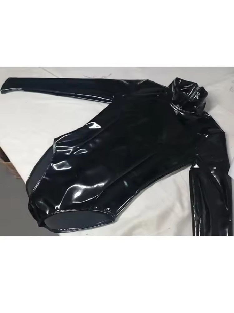 Turtleneck Bodysuit Office - 여성용 가짜 라텍스 PVC 미러 프린트