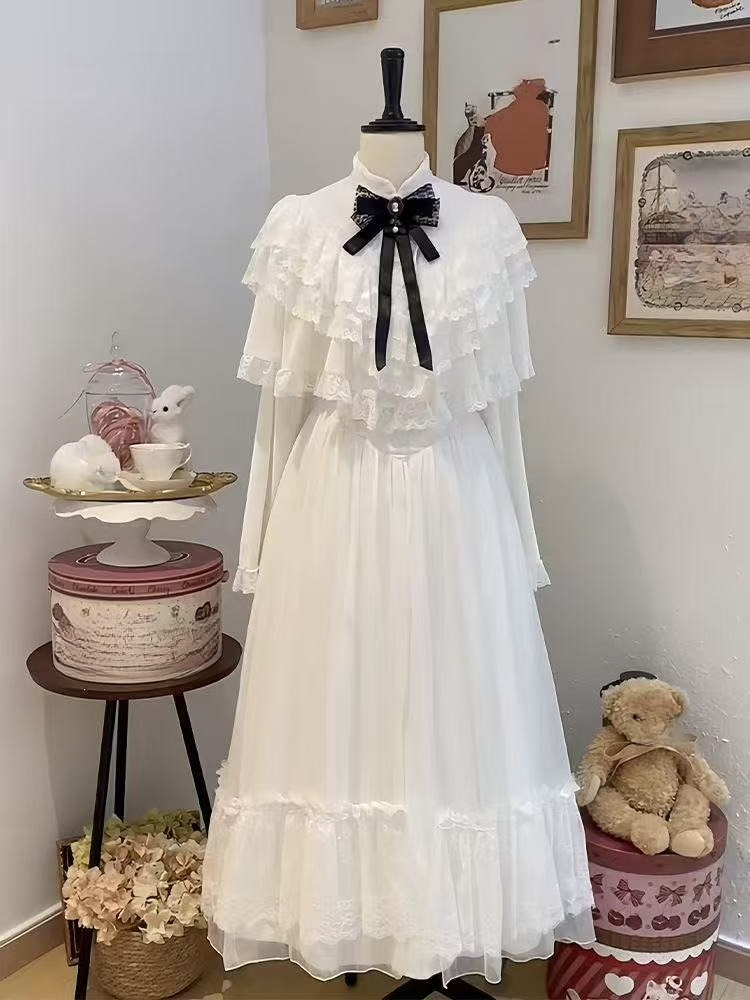 Formal Wear Women Us - 일본식 반소매 리본 레이스 드레스 화이트