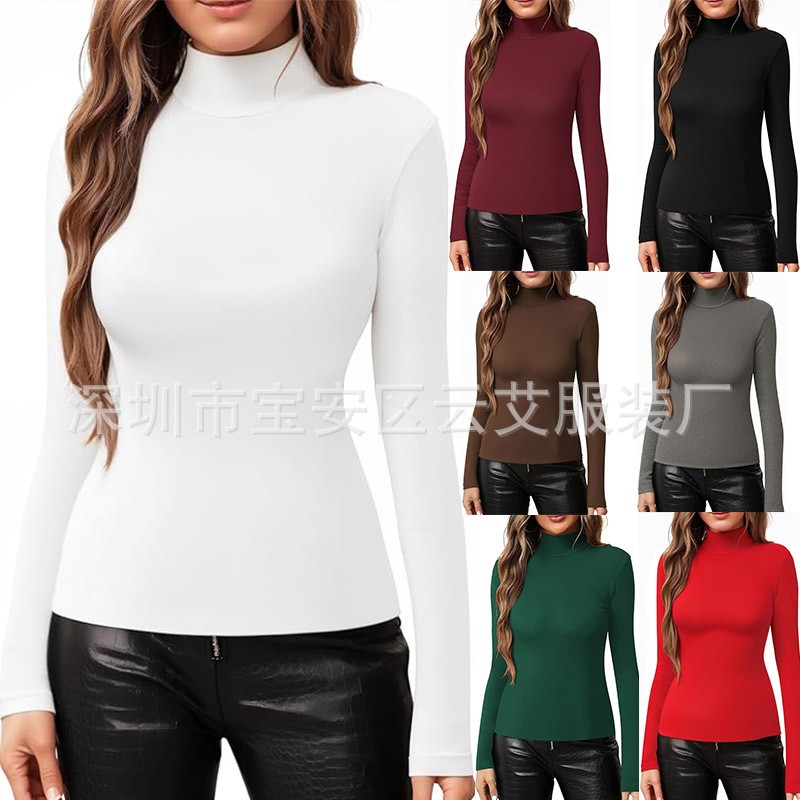 Turtleneck Bodysuit Office - 여성용 솔리드 컬러 터틀넥 니트 티셔츠
