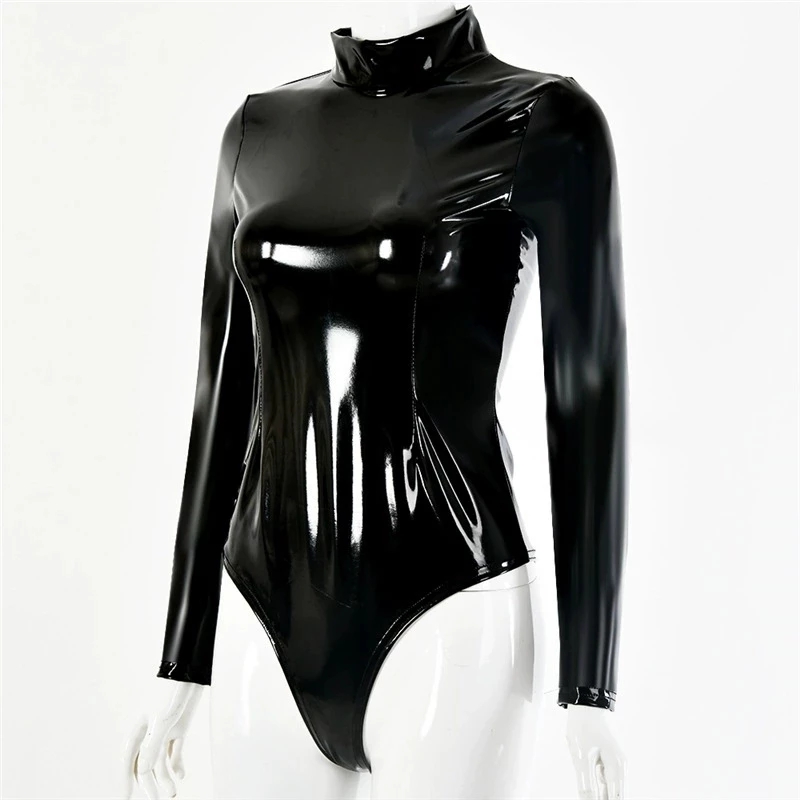 여성용 가짜 라텍스 PVC 미러 프린트 레오타드 고딕  - Turtleneck Bodysuit Office 리뷰 및 가격
