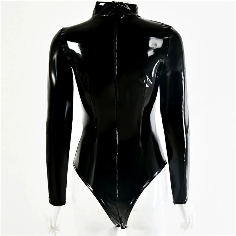 여성용 가짜 라텍스 PVC 미러 프린트 레오타드 고딕  - Turtleneck Bodysuit Office 리뷰 및 가격