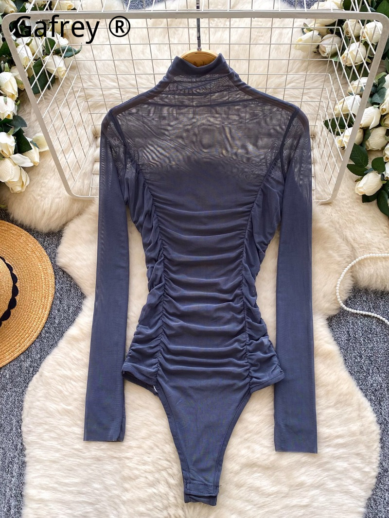 섹시한 그레이 메쉬 러칭 바디수트 여성 2026 봄 시 - Turtleneck Bodysuit Office 리뷰 및 가격