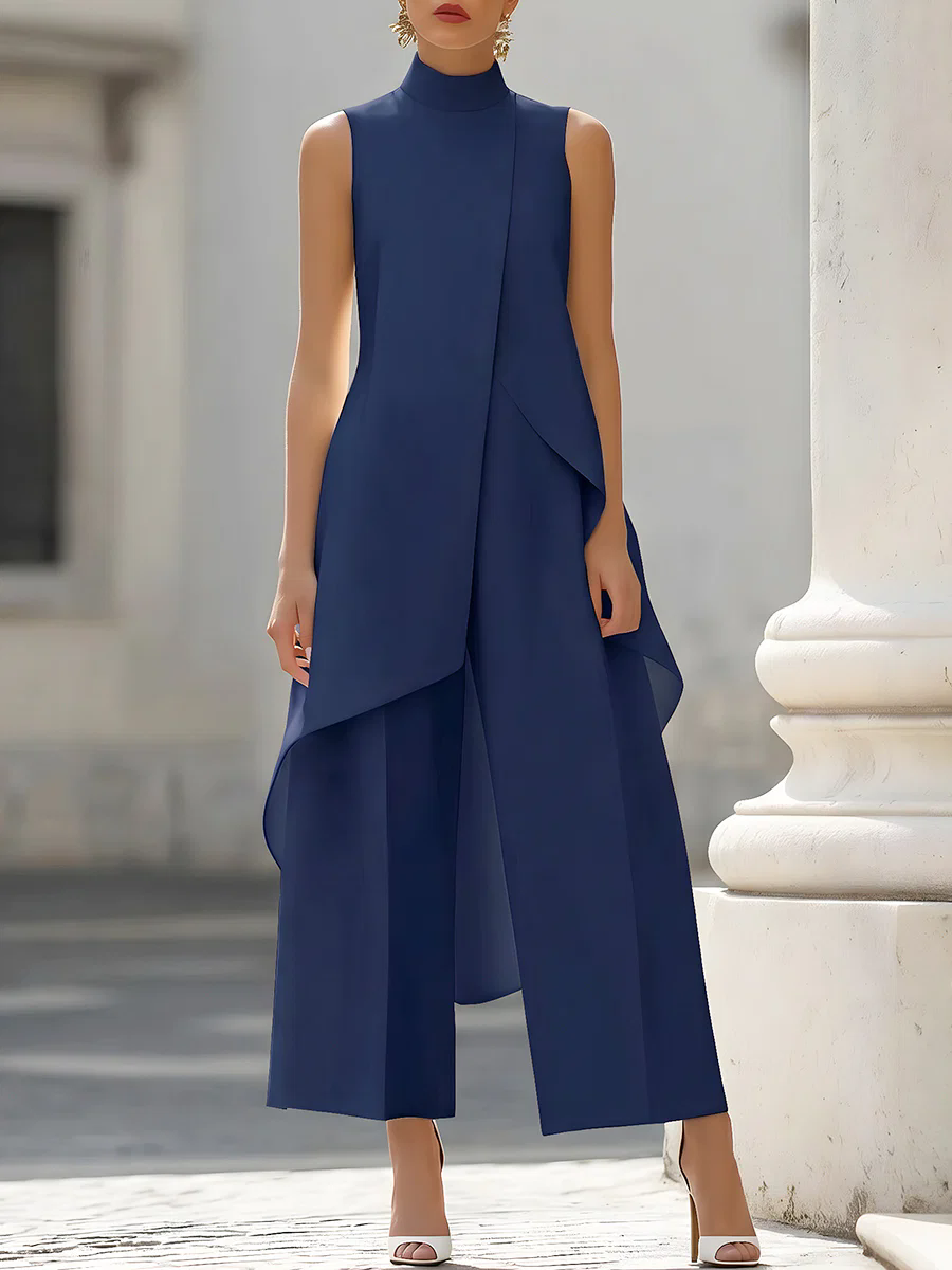 슬리브리스 하이넥 비대칭 오버레이 점프수트 와이드 레그 - Formal Wear Women Us 리뷰 및 가격