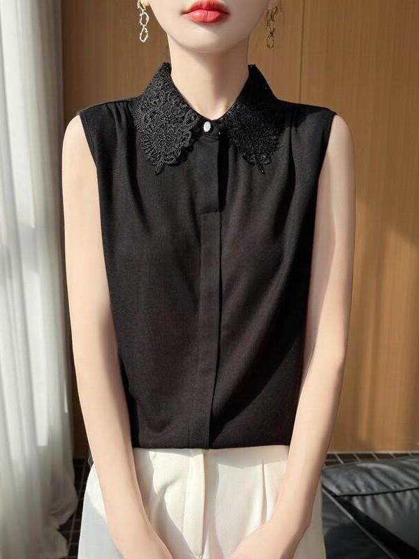레이스 트림 민소매 니트 셔츠 여성용 단색 베스트 티셔 - Women Formal Wear Vest 리뷰 및 가격